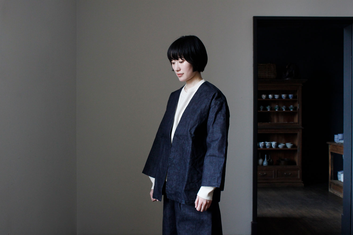 難有 maku textiles チャイナ風綿絹ジャケットL/手仕事/ジャムダニ 