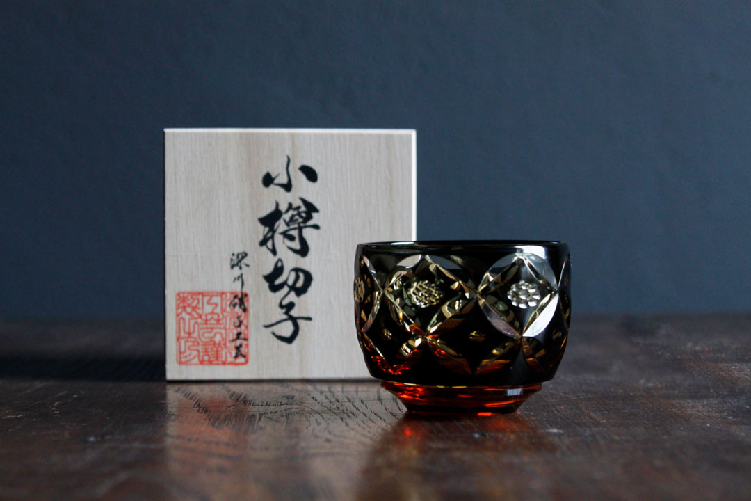 深川玻璃手工藝品花卉七寶清酒杯，黑色琥珀色 image 4